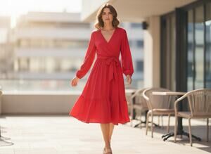 Women’s Red Long Sleeve Wrap Midi Dress Tie Waist Flowy Size Large New With Tags